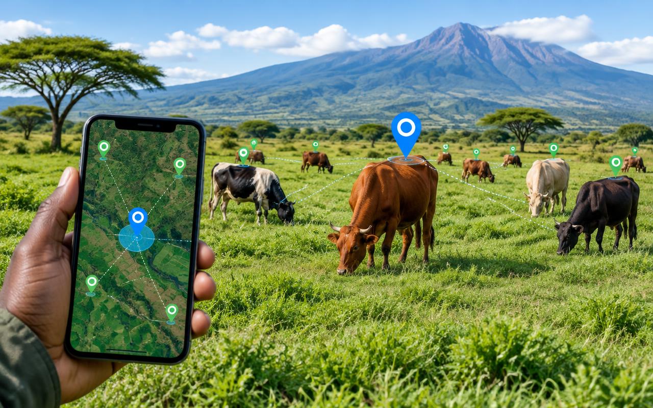 قطيع مواشٍ في مرعى أخضر وهاتف ذكي يعرض خريطة بمواقع GPS